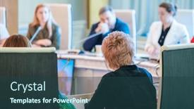  Presentation with conference table microphones - Slide set enhanced with back-view-of-unrecognizable-businesswoman background and a ocean colored foreground