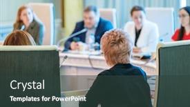  Presentation with conference table microphones - Theme having back-view-of-unrecognizable-businesswoman background and a tawny brown colored foreground