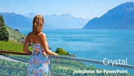  Presentation with mountain view - Presentation consisting of back-view-of-woman-looking background and a teal colored foreground