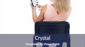  Presentation with trousers - Theme having back view of woman sitting on chair and looks at the screen of the tablet rear view people collection backside view of person blonde in blue trousers sitting on the office chair and read e-books background and a ocean colored foreground