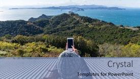  Presentation with photo - Cool new PPT theme with back-view-of-woman-taking backdrop and a teal colored foreground