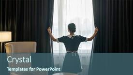  Presentation with room cleaning - Presentation theme enhanced with back-view-of-young-chambermaid background and a ocean colored foreground