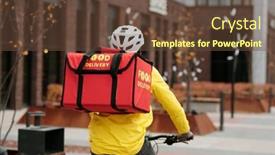  Presentation with online food - Presentation with back-view-of-young-deliveryman background and a tawny brown colored foreground