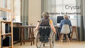  Presentation with female - Audience pleasing PPT theme consisting of back-view-of-young-disable backdrop and a mint green colored foreground