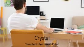  Presentation with workplace - PPT theme enhanced with back view of young man background and a  colored foreground