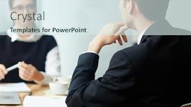  Presentation with project manager - Amazing PPT theme having back view of young manager gathered together with female colleague at boardroom and having productive project discussion blurred background backdrop and a sky blue colored foreground