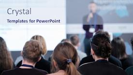  Presentation with business women - Presentation theme with back-view-of-young-men background and a light blue colored foreground