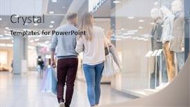  Presentation with attention - Presentation design having back view of young shoppers paying attention to new male casualwear collection in shop window while spending time in the mall background and a light blue colored foreground