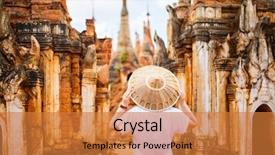  Presentation with old young - Slide deck enhanced with back view of young woman background and a gold colored foreground