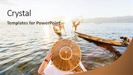  Presentation with lake fish - Slide deck with back view of young woman background and a sky blue colored foreground