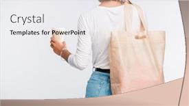  Presentation with tote bag - Presentation design featuring back view of young woman in casualwear carrying glass of coffee in hand and tote bag over shoulder background and a sky blue colored foreground