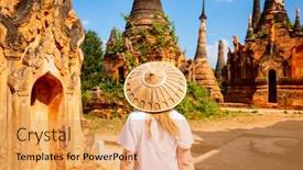  Presentation with old young - Colorful presentation design enhanced with back-view-of-young-woman backdrop and a yellow colored foreground