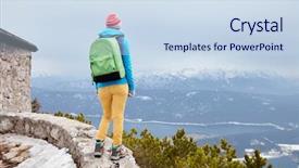  Presentation with mountain hiking - Presentation theme featuring back view of young woman wearing pink hat blue jacket green backpack yellow pants and hiking boots standing against winter mountain valley - adventure concept background and a sky blue colored foreground