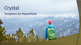  Presentation with pink green - Slide set with back view of young woman wearing pink hat blue jacket green backpack and yellow pants standing against winter mountain valley - adventure concept background and a sky blue colored foreground