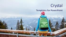  Presentation with blue mountain - Audience pleasing slide set consisting of back view of young woman wearing pink hat blue jacket green backpack and yellow pants sitting on wooden fence against winter mountain valley - adventure concept backdrop and a sky blue colored foreground