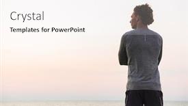  Presentation with standing strong - Presentation having back view photo of handsome strong young sportsman standing outdoors at the beach background and a pink colored foreground