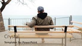  Presentation with man sitting bench - Cool new PPT theme with back view picture of young african man wearing hat and scarf sitting on a bench on the street backdrop and a coral colored foreground