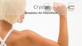  Presentation with back pack tourism - PPT theme featuring back view portrait muscular blond woman holding dumbbell on white background and a white colored foreground