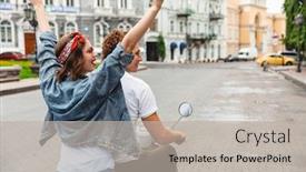  Presentation with motorbike - Colorful PPT layouts enhanced with back view portrait of a cheerful young couple riding on a motorbike together at the city street backdrop and a light gray colored foreground