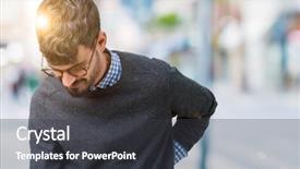  Presentation with back pain - Amazing PPT theme having back with hand muscular pain backdrop and a dark gray colored foreground