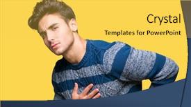  Presentation with back pain - Colorful slide set enhanced with back with hand muscular pain backdrop and a yellow colored foreground