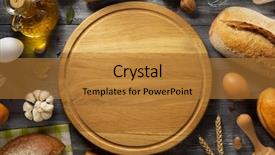  Presentation with packaging of bakery products - Colorful PPT layouts enhanced with backdrop black grey circle borders - bread and bakery products backdrop and a gold colored foreground