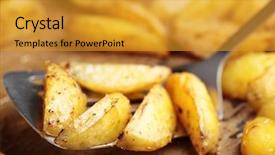  Presentation with turquoise sheet music - Presentation consisting of backdrop food oil - roasted potato on a baking background and a  colored foreground