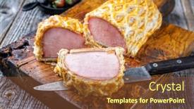  Presentation with vegetable cutting board - Beautiful slide set featuring backed kasseler pork steak as piece and slice in puff pastry and egg yolks as closeup offered on a wooden cutting board with vegetable backdrop and a tawny brown colored foreground