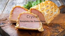  Presentation with puff pastry - Amazing presentation theme having backed kasseler pork steak as piece and slice in puff pastry and egg yolks as closeup offered on a wooden cutting board with herbs backdrop and a coral colored foreground