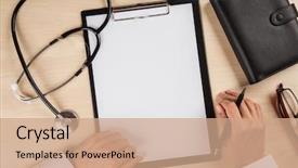  Presentation with working - Slide set with stethoscope top blue background - doctor's working table background and a coral colored foreground