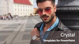  Presentation with gold man smile - Slides having background and leaning against lighting background and a dark gray colored foreground