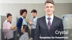  Presentation with employees - Audience pleasing PPT layouts consisting of background at call center backdrop and a  colored foreground