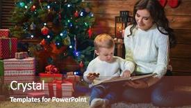  Presentation with celebrate - Slide deck with mother and son celebrate christmas in a decorated house with a christmas tree and read the book background and a tawny brown colored foreground