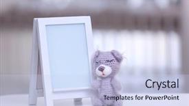  Presentation with empty of wood table top - Colorful theme enhanced with background border - empty photo frame with toy backdrop and a sky blue colored foreground