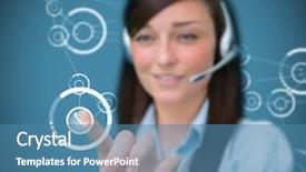  Presentation with headphones - Presentation theme having background call centre - businesswoman wearing headphones touching background and a teal colored foreground
