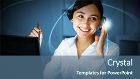 Presentation with computer - Amazing presentation having background call centre - young woman in business wear backdrop and a ocean colored foreground