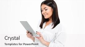  Presentation with lady - Audience pleasing PPT theme consisting of background chatting by tablet computer backdrop and a white colored foreground