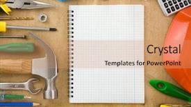  Presentation with notebook texture - Slide set with background checks - construction tools and notebook background and a coral colored foreground