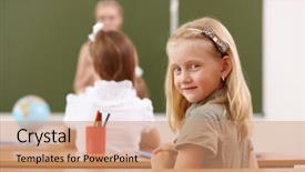  Presentation with school class arabic kids - PPT theme having background classroom - little girl sitting and studying background and a  colored foreground