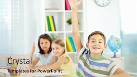 Presentation with classmates - Slide set with background classroom - portrait of clever schoolboy raising background and a coral colored foreground