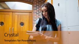  Presentation with reading - Cool new presentation design with background collegue review - studious young woman reading her backdrop and a  colored foreground