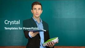 Presentation with chalkboard - Slide set having background collegue review - young teacher near chalkboard background and a ocean colored foreground