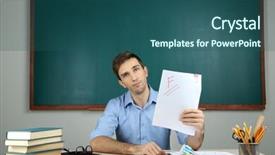  Presentation with young children at school - Beautiful slide deck featuring background collegue review - young teacher sitting in school backdrop and a  colored foreground