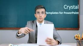  Presentation with classroom - Cool new PPT theme with background collegue review - young teacher sitting in school backdrop and a  colored foreground