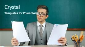  Presentation with classroom - Audience pleasing presentation design consisting of background collegue review - young teacher sitting in school backdrop and a  colored foreground