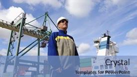  Presentation with container port - Audience pleasing presentation theme consisting of background crane and ship backdrop and a teal colored foreground