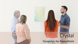  Presentation with art gallery - Presentation theme consisting of background critical thinking - people looking at picture background and a coral colored foreground