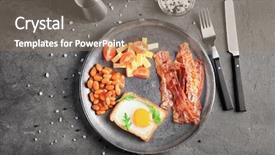  Presentation with fried egg close up view - Colorful presentation enhanced with background food - plate with fried egg bacon backdrop and a coral colored foreground