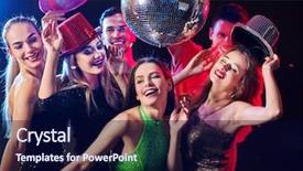  Presentation with fun work - Slides featuring dance party with group people background and a navy blue colored foreground