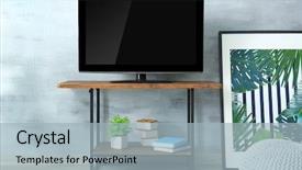  Presentation with living room - Colorful PPT layouts enhanced with background hd blank - modern tv set on stand backdrop and a light blue colored foreground
